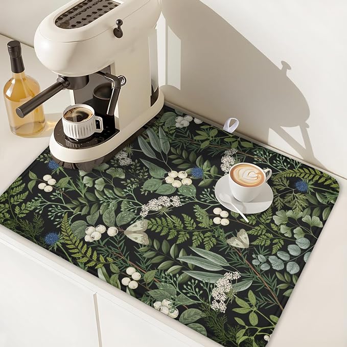 Halloween Dish Drying Mat for Kitchen Counter 16 x 18 Inch Pumpkin Ghost Dish Drainer Mat Absorbent Microfiber Autumn Leaves Dish Rack Pad for Coffee Dining Bar Decor