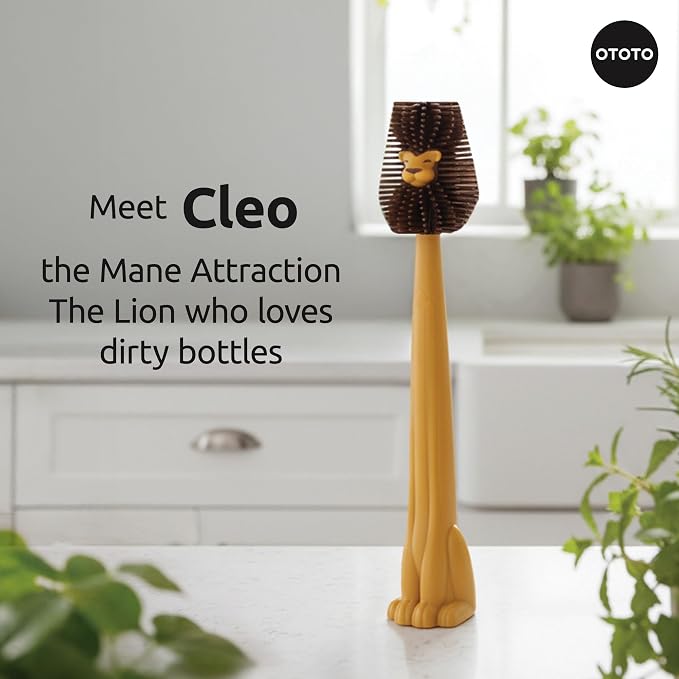 OTOTO Cleo Dish & Water Bottle Brush – Silicone Baby Bottle Brush, Water Bottle Cleaner, Dish Brush with Long Handle, Cute Lion Design, Crevice Cleaning Brush, Baby Essentials, Kitchen Gadgets