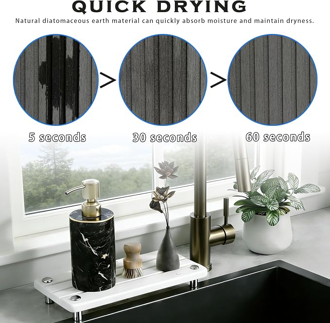 2PCS Instant Dry Sink Caddy for Bathroom Counter, Durable Kitchen Sink Organizer, Diatomite Stone Drying Tray, Upgrade Water Absorbing Stone Tray for Sink, Anti-Slip Stone Soap Tray -White