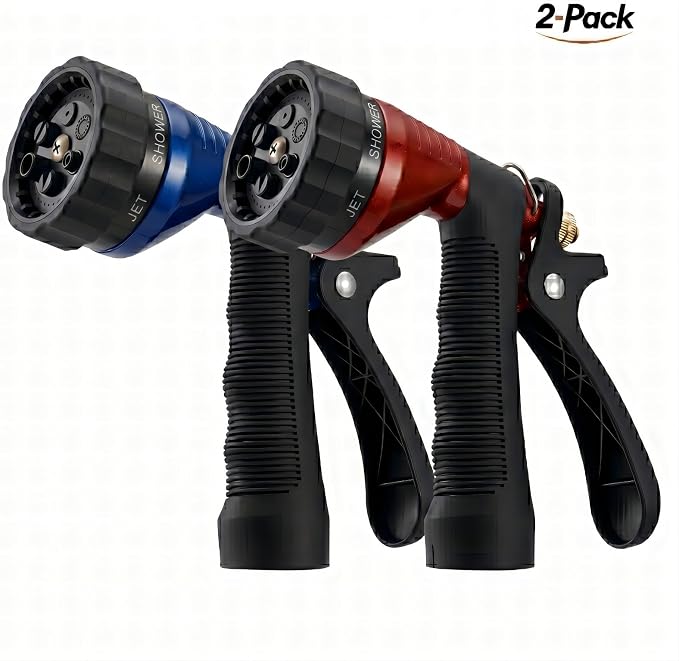 GREEN MOUNT Water Hose Nozzle 2-Pack, Zinc Alloy Garden Spray Nozzle with Adjustable Spray Patterns, Leakproof Rustproof Trigger Lock for Outdoor Cleaning & Car Wash, Blue & Red