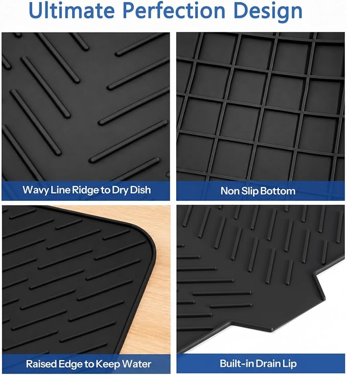 Large Silicone Dish Drying Mat – 23"x17" Sloped Sink Draining Tray with Sponge Holder for Kitchen Counter, Angled Surface for Water Drainage, Silicone Rack Mat with Drain Lip(Black)