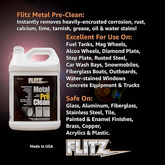 FLITZ Metal Pre-Clean - 1 Gallon of USA-Made Stainless Steel Cleaner - Works on Aluminum, Brass, Copper, & More - Tarnish, Rust Remover for Metals - Non-Abrasive Aluminum Deoxidizer (1 Pack)