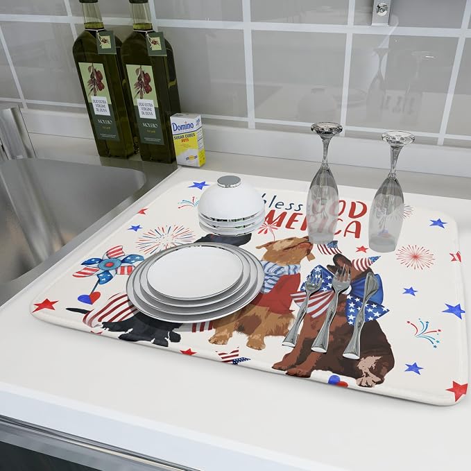Giwawa 4th of July Patriotic Dogs Dish Drying Mat American Independence Day Dish Dry Pad 18"x24" Absorbent Dishes Drainer Mat for Kitchen Counter