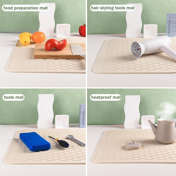 Extra Large 30 x 24 Inch Silicone Dish Drying Mat for Dish Drying Rack , Easy Clean Silicone Drying Mat for Kitchen Counter , Non-Slip Dish Drain Mat , Heat Resistant Silicon Dish Mat, Beige, SAPID