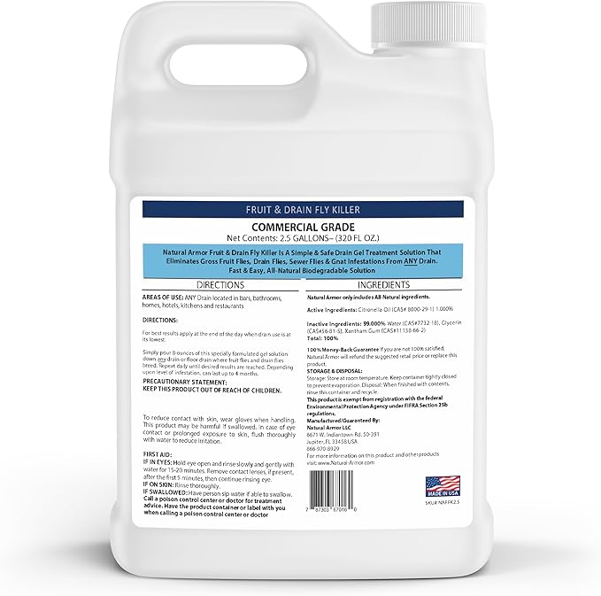 Natural Armor Drain Fly & Fruit Fly Killer (128 Oz, Case of 4) | Commercial Drain Treatment for Indoor Drains - Eliminates Drain Flies, Fruit Flies, Gnats & Sewer Flies - Septic Safe