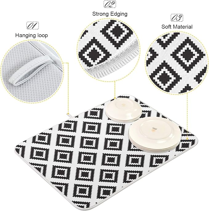 Super Absorbent Dish Drying Mat, Microfiber Fast-Drying Dish Mat, 24" x 18, Kitchen Dish Drying Pad, Grey Moroccan Rhombus Plaid