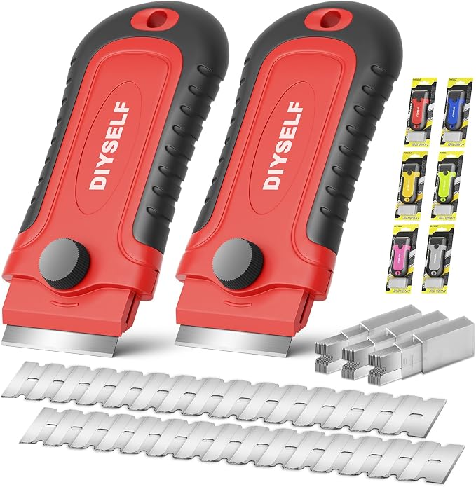 DIYSELF 2 Pack Razor Blade Scrapers with 30 Blades, Paint Scraper Tool | Razor Scrapers for Cleaning Windows, Paint, Cooktops, Ovens and Glass Stove Tops, Paint Scraper Tools with Blade Storage