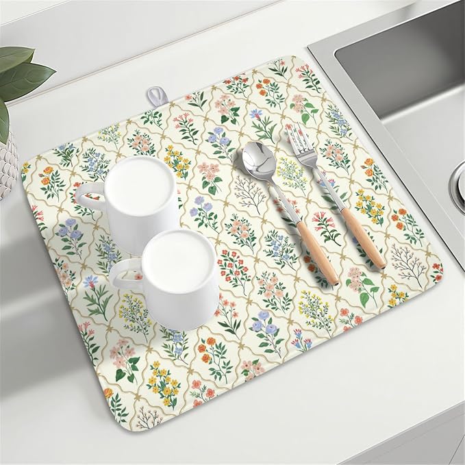 Floral Dish Drying Mat for Kitchen Counter Spring Summer Wild Flowers Diamond Pattern Microfiber Dish Drainer Mat Rustic Absorbent Washable Drying Pad 16"x18"