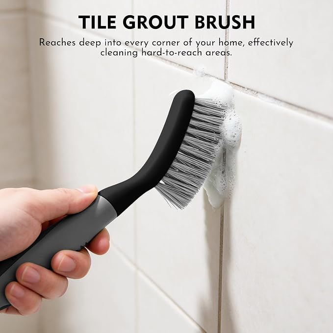 SetSail Scrub Brush, Stiff Bristle Cleaning Scrubber, 4 Pack(Black Grey) | Durable Bristles Ergonomic Non-Slip Tpr Grip. U-Style Hanging Loop for Storage. Use for Shower, Tub, Tile, Kitchen, Carpet.
