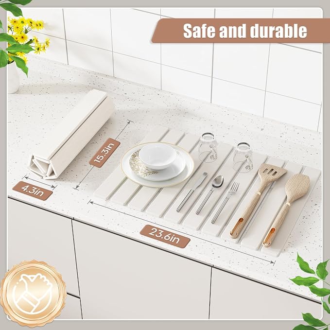 Large Stone Dish Drying Mats for Kitchen Counter,23.6''(L)x 15.4''(W) Foldable Quick Dry Stone Mat Kitchen,Absorbent Diatomaceous Earth Mats for Dishes Bottles Cups Bathroom Any Countertop-White