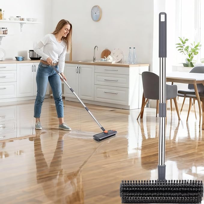 Floor Scrub Brush with 64" Long Handle - 360° Swivel Heads Household Push Brush with Squeegee and Right Angled Bristle for Cleaning Concrete Floors Grout Gardens Patio Deck Concrete Garage Heavy Duty