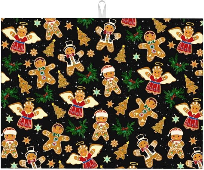 Christmas Gingerbread Dish Drying Mat for Kitchen Counter Cute Kitchen Christmas Dish Mat Microfiber Kitchen Countertop Absorbent Reversible Drainer Rack Pad