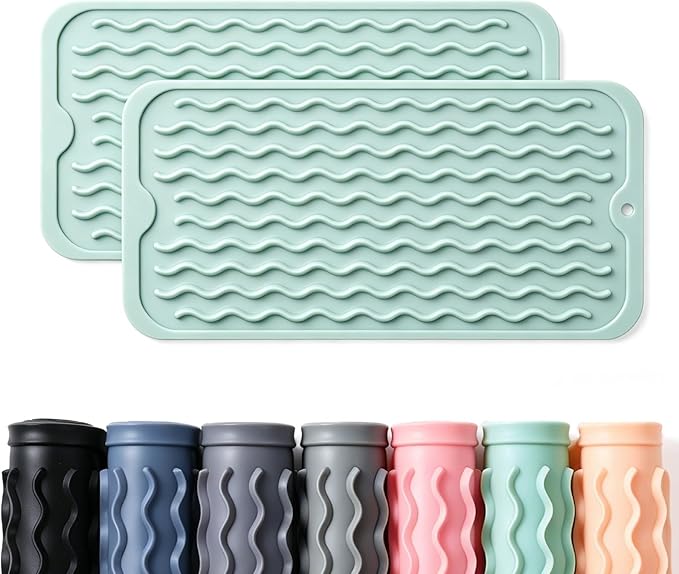 2 Pack Caketime Silicone Dish Drying Mat for Kitchen Counter Under Bathroom Sink Near Faucet Absorbent for Dishes Water Heat Resistant Pad with Soap Holder Decor essentials 12inchx6inch Green