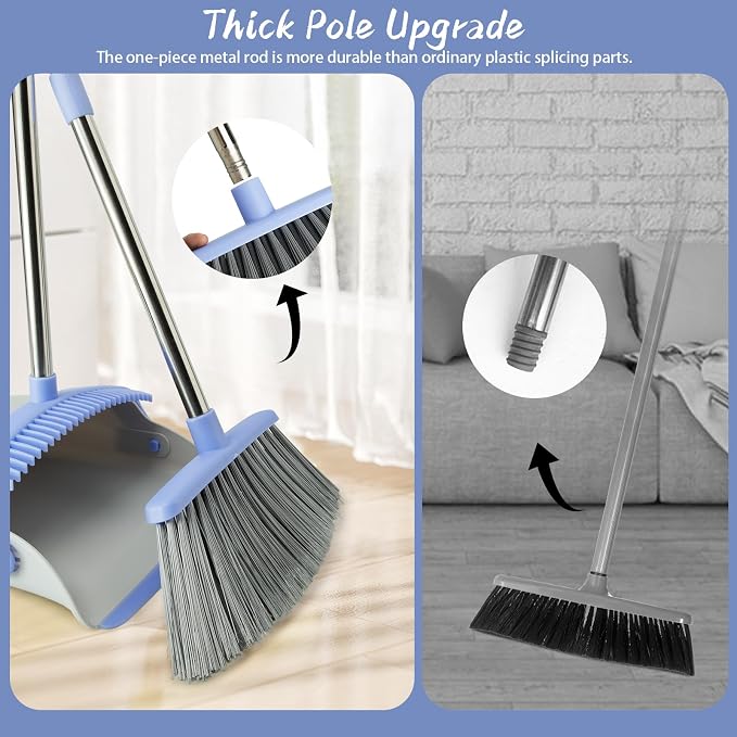 Broom and Dustpan Combo Set, Long Handle and Standing Dust Pan with Comb Teeth, Efficient Floor Cleaning for Kitchen, Outdoor, Dorm, Apartment, Office Lobby (Gray Blue)