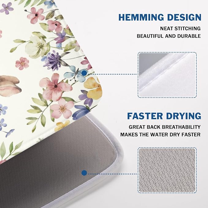 Easter Bunny Dish Drying Mat 18 x 24 Inch Rabbit Dish Drainer Rack Mat Colorful Floral Mat Absorbent Microfiber for Holiday Kitchen Coffee Dining Bar Decor