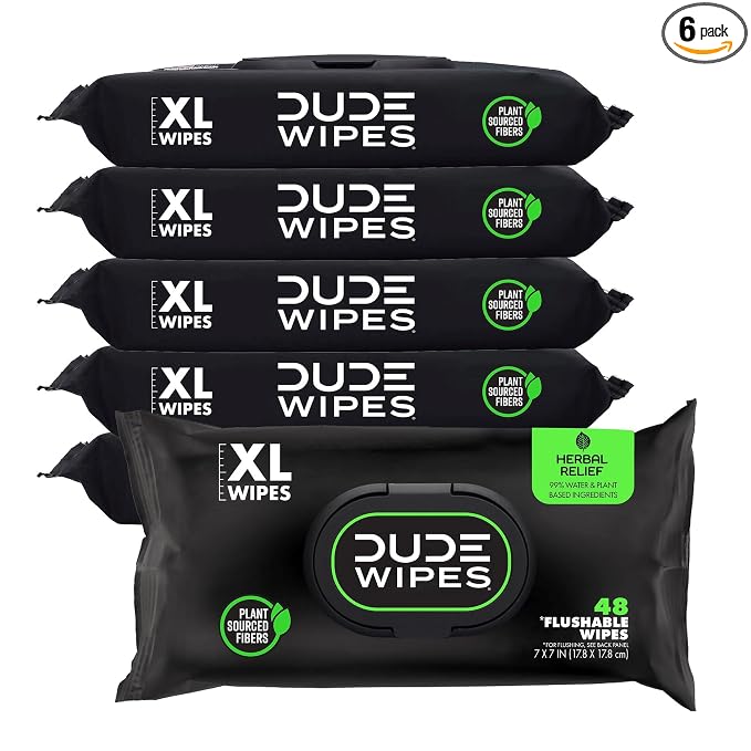 DUDE Wipes Herbal Relief Flushable Wipes - Extra-Large Adult Wet Wipes - 6 Pack (288 Count) - Infused with Soothing Witch Hazel, Geranium Essential Oils, Vitamin E, and Aloe - Septic and Sewer Safe
