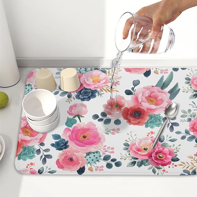 Spring Floral Dish Drying Mat for Kitchen Counter Spring Summer Flowers Kitchen Dish Drying Pad 18”x24” Absorbent Reversible Watercolor Flowers Dishes Drainer Pad Dish Drying Rack Mat for Countertop