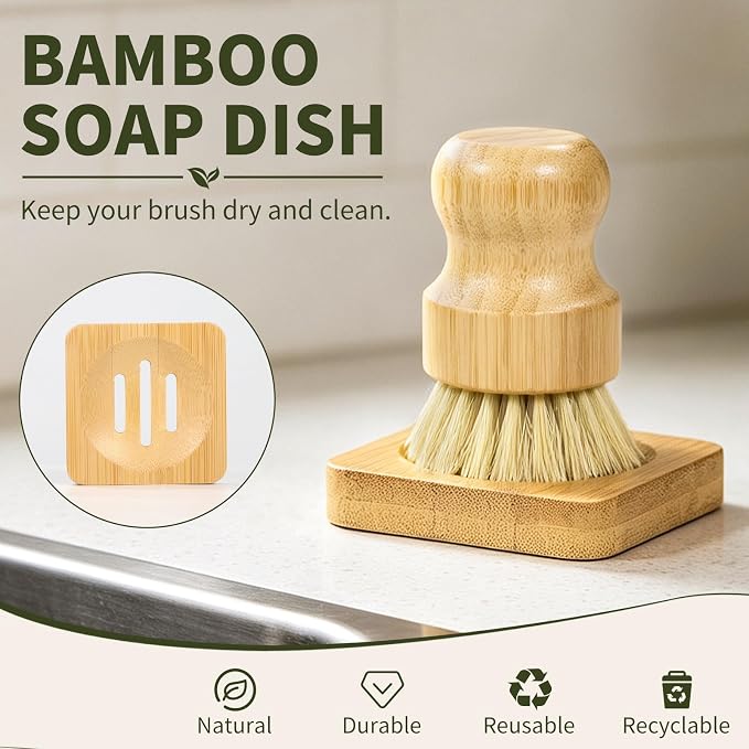 Bamboo Dish Brush Set - 3 Pcs Natural Scrub Brush with Holder, Wooden Dish Scrubber with Sisal Bristle for Cleaning Dishes, Pans and Vegetables