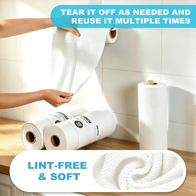 Puomue 55 Pack Microfiber Cleaning Cloth Roll, Tear Away Reusable Towels, 11" X 9", Ultra Absorbent & Lint Free Microfiber Cloth for Cleaning Cars, Kitchen, Window, and Shop (White, 9”X11”-55PK)