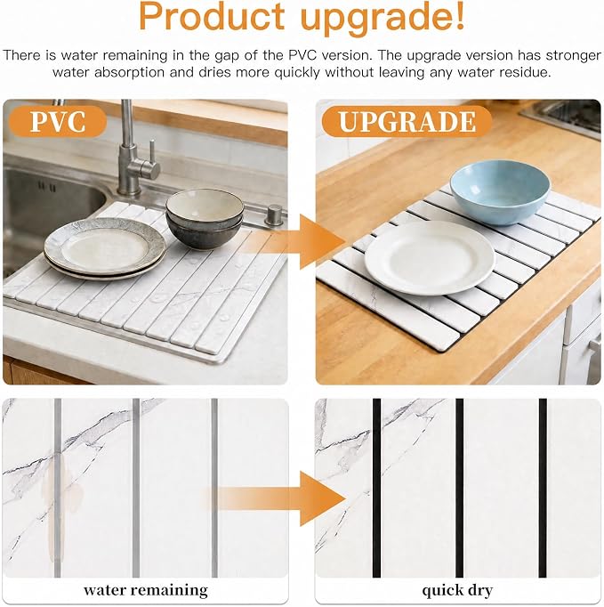 Stone Dish Drying Mat for Kitchen - Upgrade Counter Mats Quick Dry | Foldable Design, Super Absorbent, (24"×16"/ 8"x4" ) , for Dishes Cups , No Water Stains, Core Material Upgrade, White