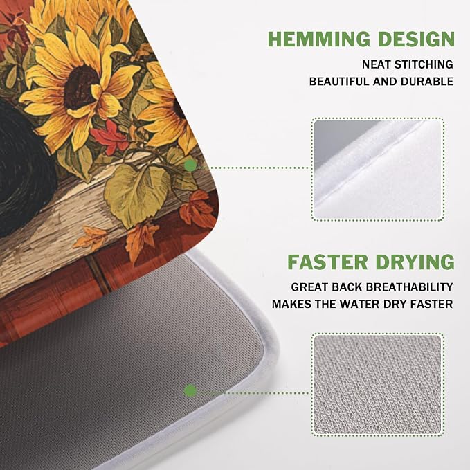 Fall Dish Drying Mat for Kitchen Counter Vintage Autumn Cat Sunflower Pumpkin Microfiber Dish Drainer Mat Rustic Farmhouse Absorbent Washable Drying Pad Extra Large 16"x18"