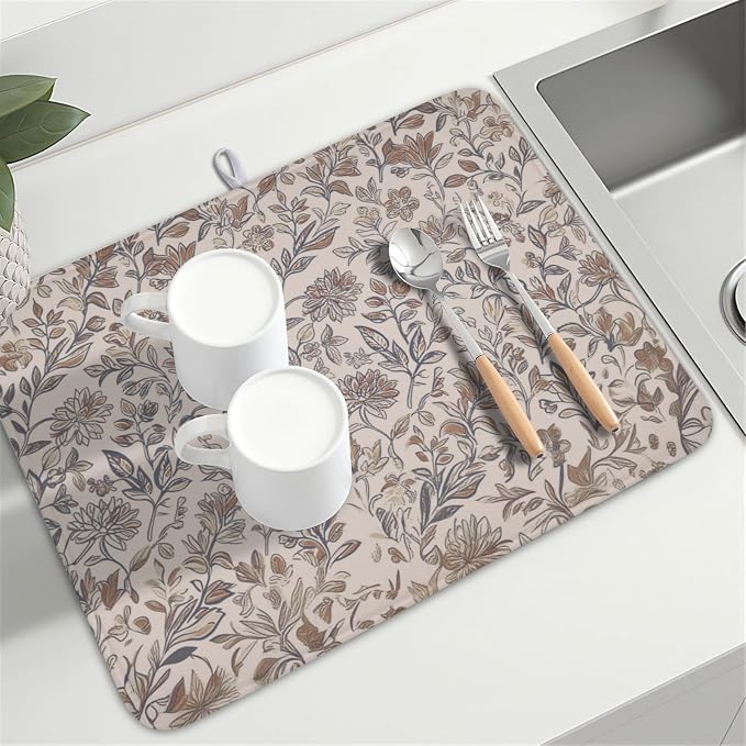Vintage Floral Dish Drying Mat for Kitchen Counter Brown Antique Flower Microfiber Dish Drainer Mat Rustic Neutral Absorbent Washable Drying Pad Extra Large 18"x24"