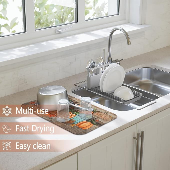 Fall Dish Drying Mat 2-Pack in Pumpkin for Kitchen Counter Dishes Mat | Diatom Mud Mats (18x24, 19.5x12"). Non-slip rubber back for kitchen counter, coffee bar & sink scenes
