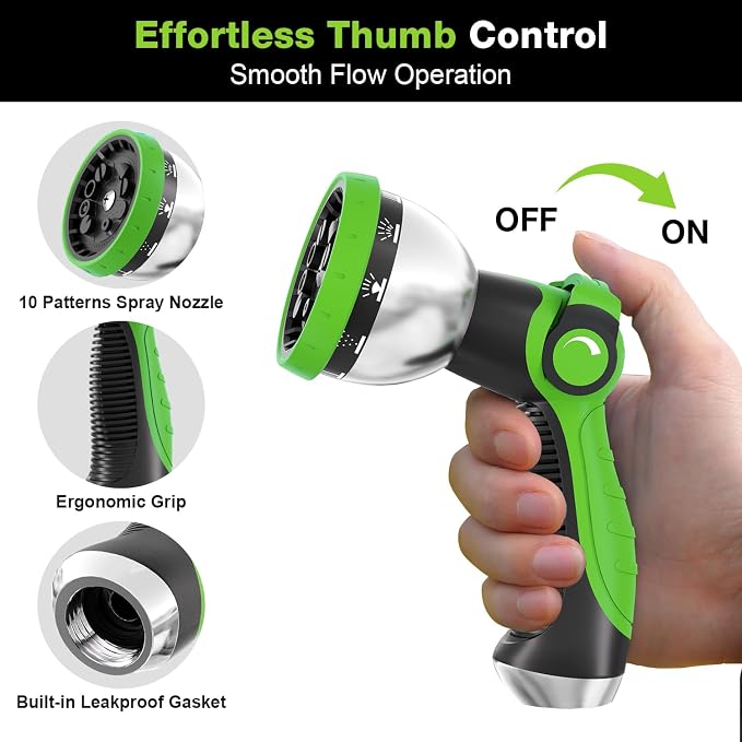 Besiter Garden Hose Nozzle, Hose Sprayer Nozzle with 10 Spray Patterns, Thumb Control On Off Valve, High Pressure Metal Water Hose Nozzle for Car Wash, Plants, Pets & Outdoor Cleaning, Green