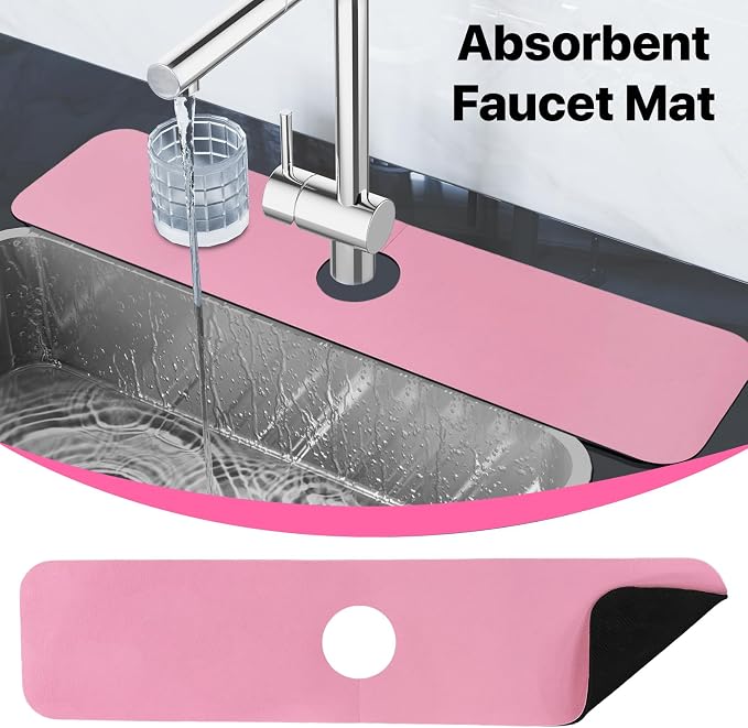 2PCS 12" x 19" Dish Drying Mat & 24" x 5.5" Faucet Mat for Kitchen Sink, Super Absorbent Kitchen Counter Mats & Sink Splash Guard, Easy to Clean Dish Rack Pad for Dishes Countertop, Pink