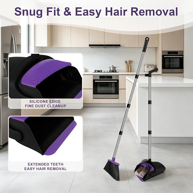 Broom and Dustpan Set, Upright Purple Broom with Dustpan Combo Set 51" Long Handle, Self Cleaning Dust Pan for Home, Kitchen and Office