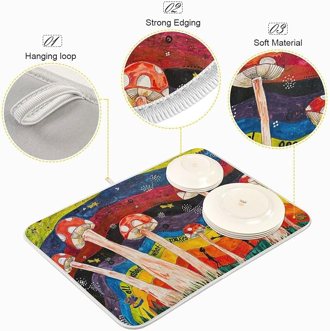 Absorbent Dish Drying Mat for Kitchen Counter - Cute Little Mushroom Microfiber Drying Pad, Reversible Drainer Mats for Countertop, Lager 18 x 24 inch