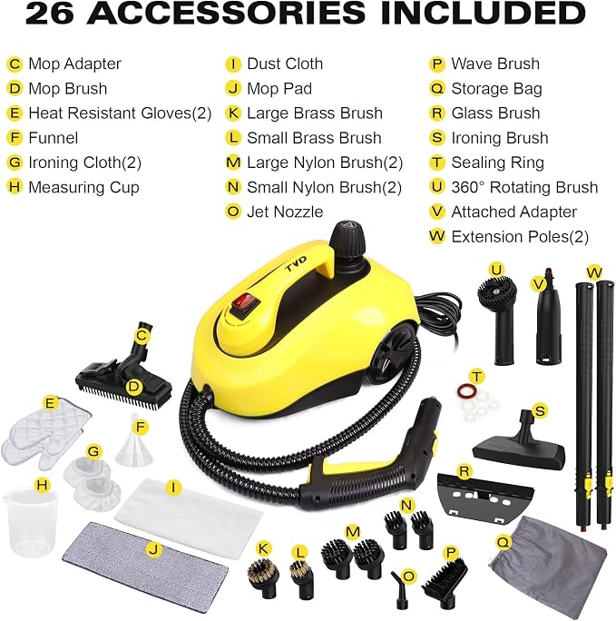 TVD Steam Cleaner for Home, Steamer for Cleaning With 26 Accessories | for Floor, Tile, Grout, Kitchen,Upholstery | 320°F Deep Cleaning | 5-Bar Pressure | 1.5L Tank | 5M Power Cord | Chemical-Free
