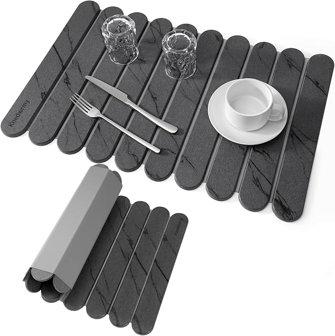Stone Drying Mat for Kitchen Counter, 24"x16" Quick Dry Stone Dish Drying Mat, Foldable Absorbent Diatomaceous Earth Pad for Plates Cups Utensils (Dark Gray)