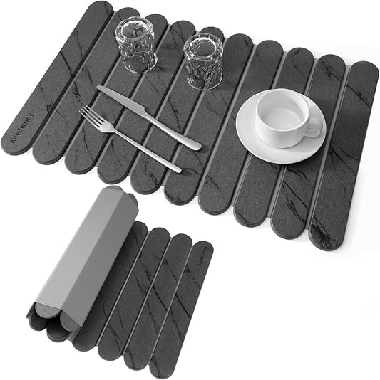 Stone Drying Mat for Kitchen Counter, 24"x16" Quick Dry Stone Dish Drying Mat, Foldable Absorbent Diatomaceous Earth Pad for Plates Cups Utensils (Dark Gray)