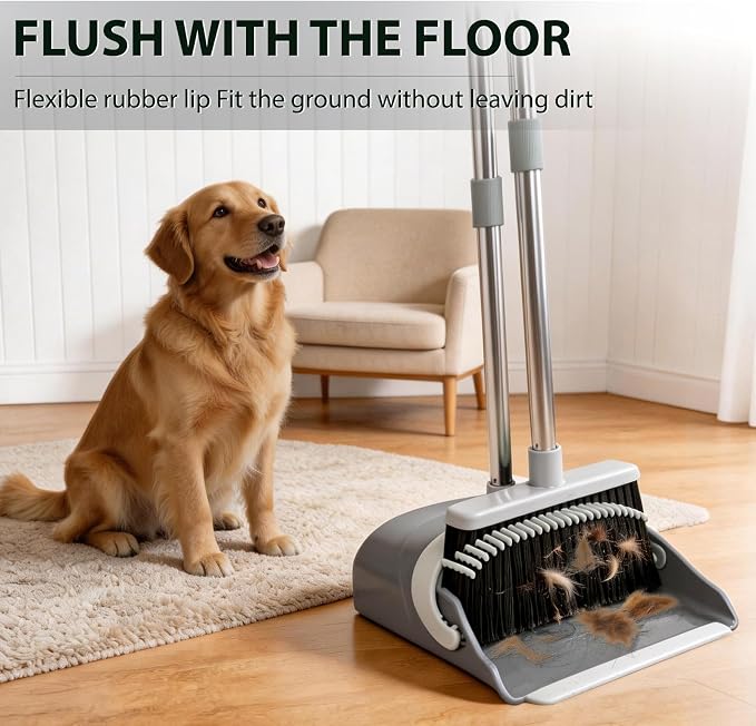 YZO Broom and Dustpan Set, 54.33 Inch Long Handle Standing Design, Dustpan Front Rubber Tight Seal, Broom with 5 Layer Bristles, Suitable for Bedroom, Yard, Office and Apartment(Gray&Black)
