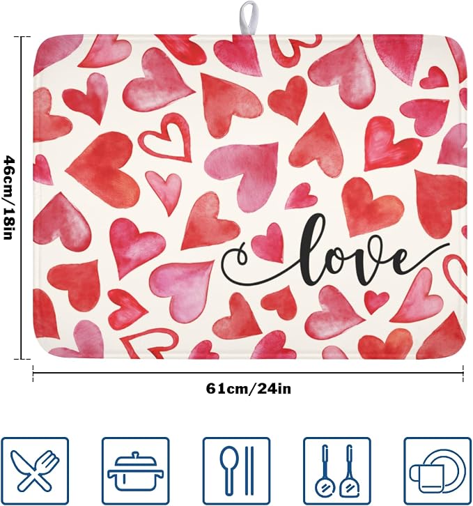 Valentine's Day Red and Pink Heart Dish Drying Mat 18x24 Inch | Polyester，Absorbent Microfiber，for Kitchen Coffee Dining Bar Decor