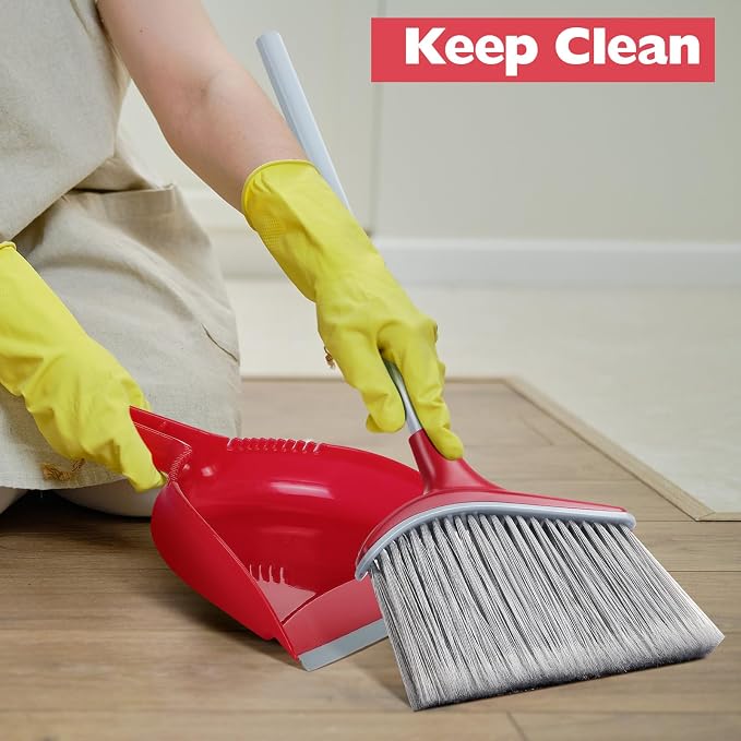 Meanplan 4 Pcs Angle Broom and Dustpan Combo Set for School Classroom 54'' Outdoor Indoor Cleaning Broom Commercial Broom with Step-on Dustpan for Home Kitchen Office Floor Dirt Dust Hair Cleaning
