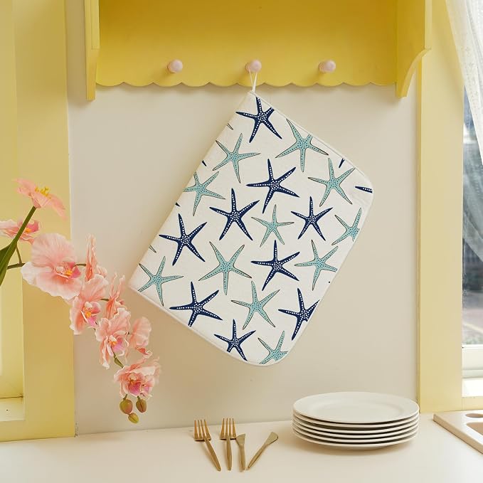 Coastal Dish Drying Mat 18x24 Inch Summer Navy Blue Teal Turquoise Starfish Summer Drying Mat Nautical Beach Ocean Absorbent Dish Drying Pad Dish Rack Drainer Mats for Kitchen Dining Counter