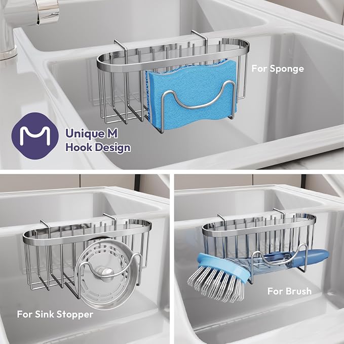 SWTYMIKI Sponge Holder for Kitchen Sink - Movable Kitchen Sink Caddy with M Shape Hook Stainless Steel Hanging Sponges Caddy Organizer in Double Bowl Sinks Depth>3.15in, Middle divider<1.5in, Silver L