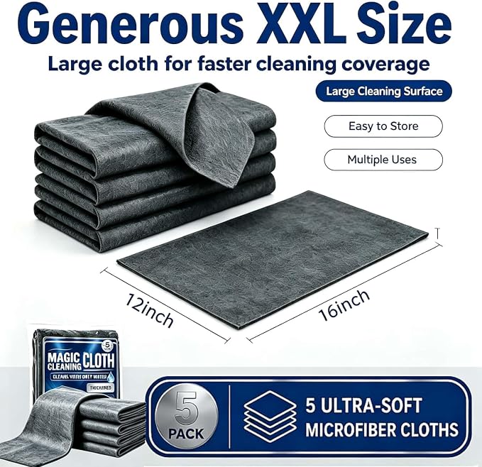 Genie Magic Cleaning Cloth, 5 Pack XXL Microfiber Cleaning Cloths | Lint Free Streak Free Reusable Cleaning Rags for Windows, Mirrors, Stainless Steel, Kitchen, Cars & Screens