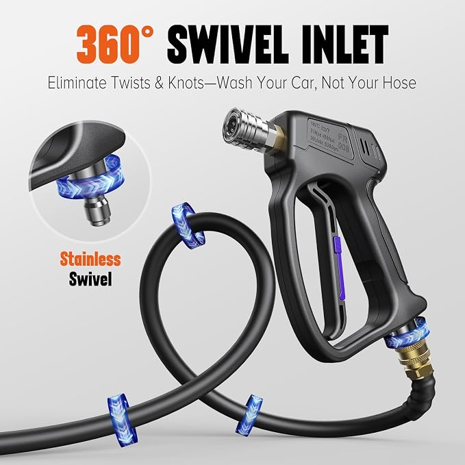 Short Pressure Washer Gun with 360°Swivel, 4000 PIS Power Washer Gun | Stubby High Pressure Washer Gun, 3/8" Male Plug, 1/4" Quick Connect, 5 Spray Nozzle, Car Wash Gun for Foam Cannon