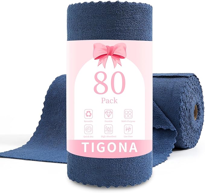 80 Pack Microfiber Cleaning Cloth Roll,Lint Free Rags & Tear Away Reusable Towels Washable Scratch,Ultra Absorbent Dish Rags(12" x 12") for Car Kitchen Home Garage-Navy Blue