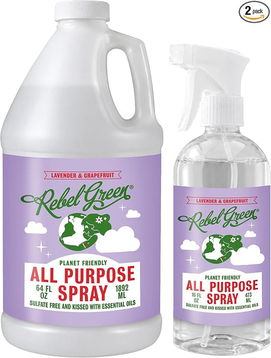 Rebel Green Natural 16 oz All-Purpose Cleaning Spray with 64 oz Refill Bottle - Plant-Based Multi-Surface Cleaner for Kitchen, Bath, Countertops and More - Lavender & Grapefruit Scent