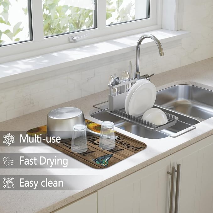 Dish Drying Mat 2-Pack in Sunflower Wood for Kitchen Counter Dishes Mat | Diatom Mud Mats (18x24, 19.5x12"). Non-slip rubber back for kitchen counter, coffee bar & sink scenes