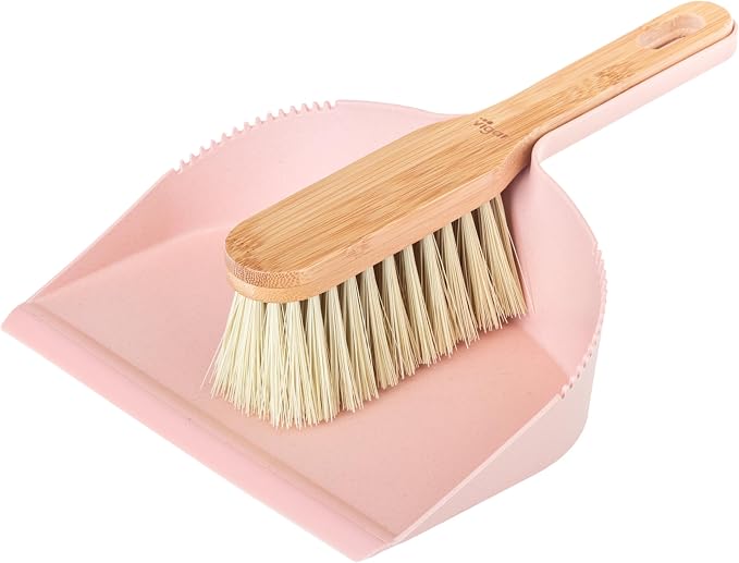 Vigar Zeroline Mini Bamboo Broom with Dustpan Combo Set, Pink | Small Dust Pan and Brush Set, for Dust, Pet Hair, Car, and Crumb, House, Kitchen Broom