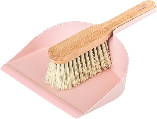 Vigar Zeroline Mini Bamboo Broom with Dustpan Combo Set, Pink | Small Dust Pan and Brush Set, for Dust, Pet Hair, Car, and Crumb, House, Kitchen Broom