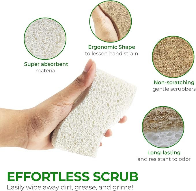 AIRNEX Natural Kitchen Sponges (6 Pack) - Biodegradable Cellulose & Coconut Scrubber Dish Sponges for Kitchen - Eco-Friendly, Non Scratch, Compostable, Non Toxic S-Shaped Natural Sponges for Dishes
