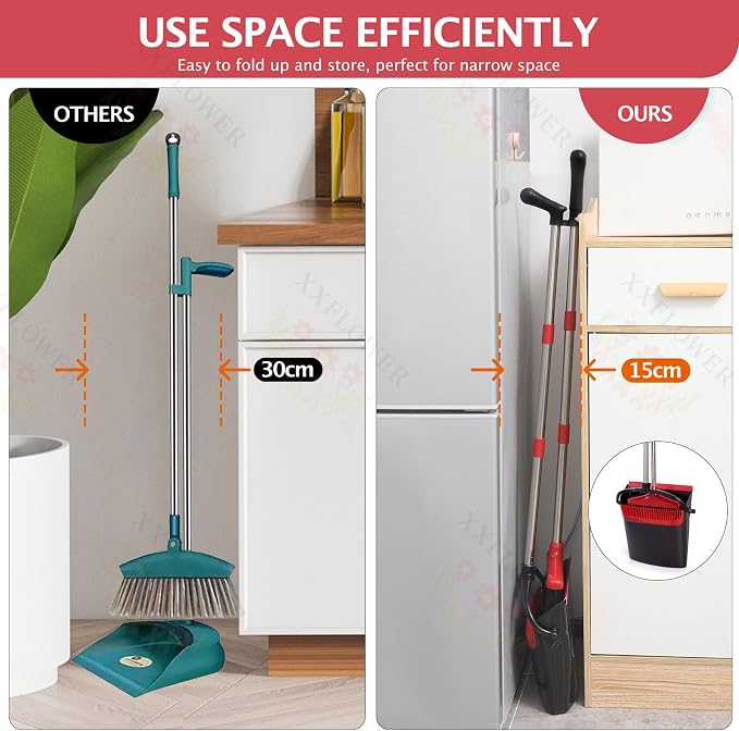 Broom and Dustpan Set,54.72"Long Handle,Standing Dustpan,Black&Red | Light Weight Stainless Steel Poles,Upright Dustpan with Broom Combo,for Home Kitchen Office Pet Dog Hair
