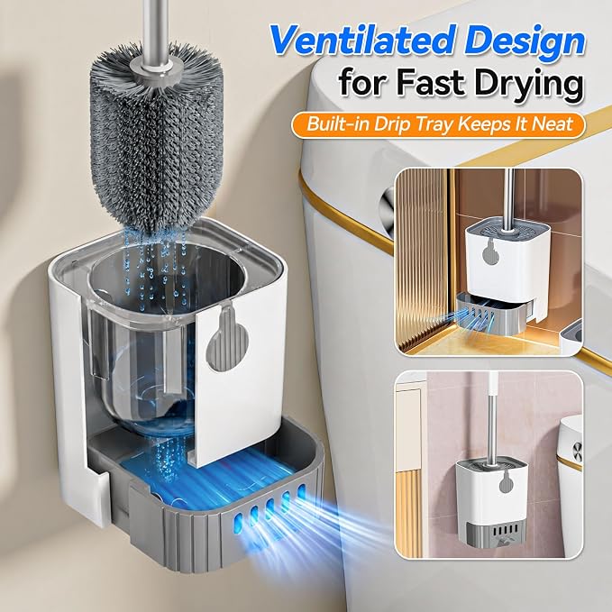 Self-Draining Toilet Brush with Holder, Ventilated Caddy for Quick Dry, No Drip Drip-Free Design, Sturdy Long Handle & Flexible Scrubber for Bathroom Bowl