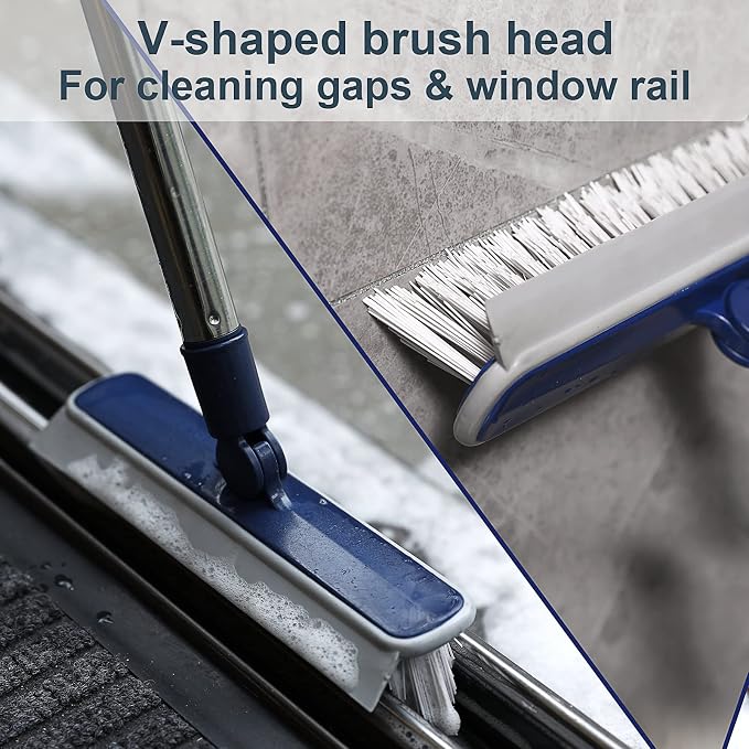 2 in 1 Floor Scrub Brush Grout Brush with 57.8" Long Handle,120°Rotatable Shower Tile Grout Scrubber,V-Shaped Corner Brush for Hard to Reach Areas (Grey)
